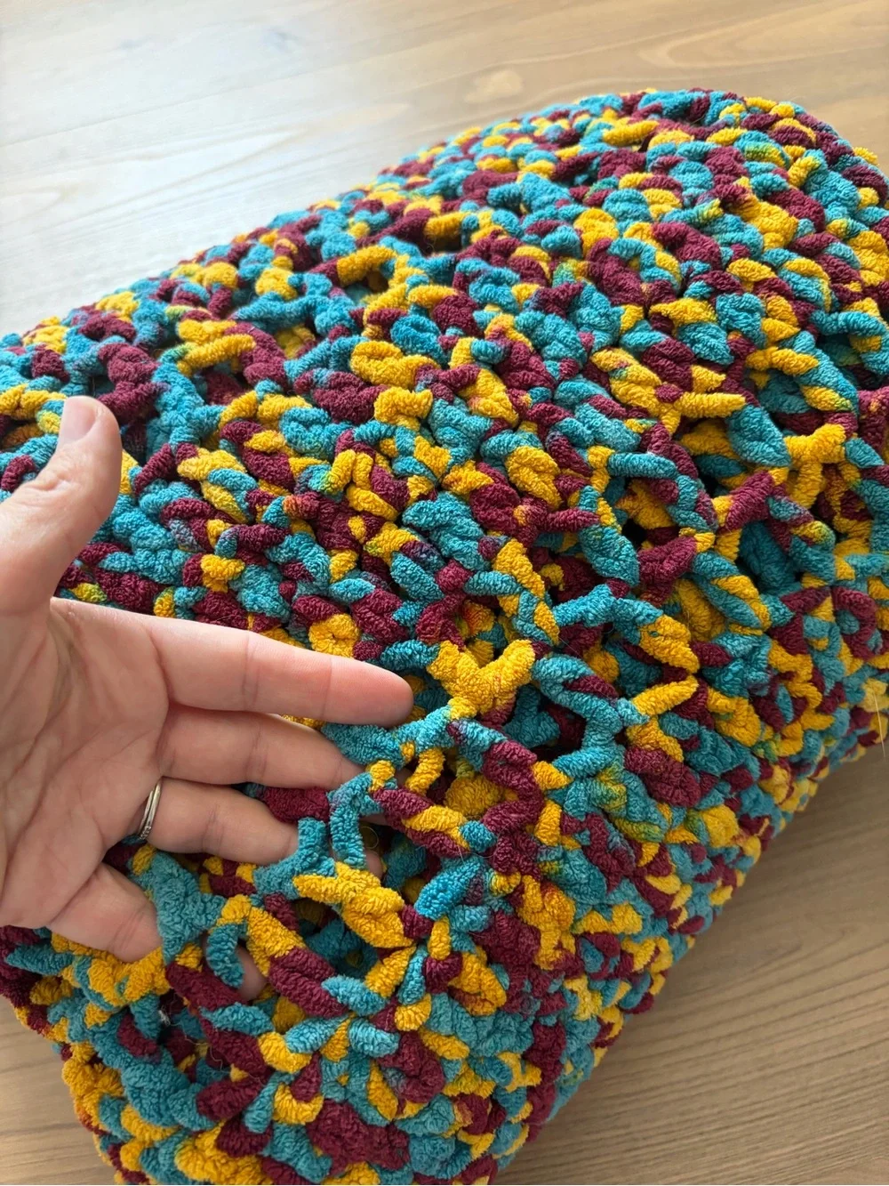 Handmade Chunky Knit Throw Blanket Crochet Plush Chenille Teal Burgundy Gold